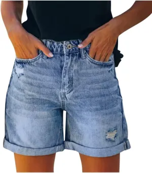 Women's Blue High Waisted Straight Jeans with Scratch Design Casual Daily Wear Shorts for Women