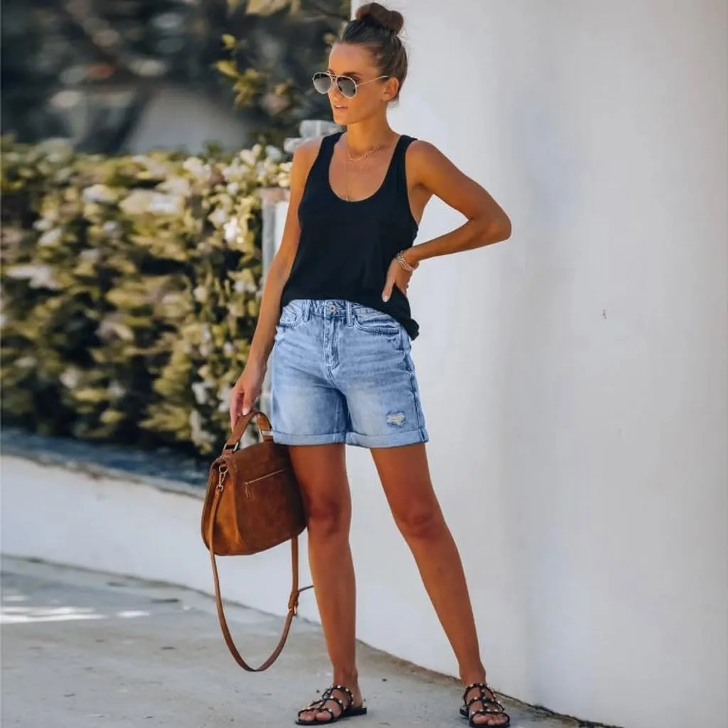 Women's Blue High Waisted Straight Jeans with Scratch Design Casual Daily Wear Shorts for Women