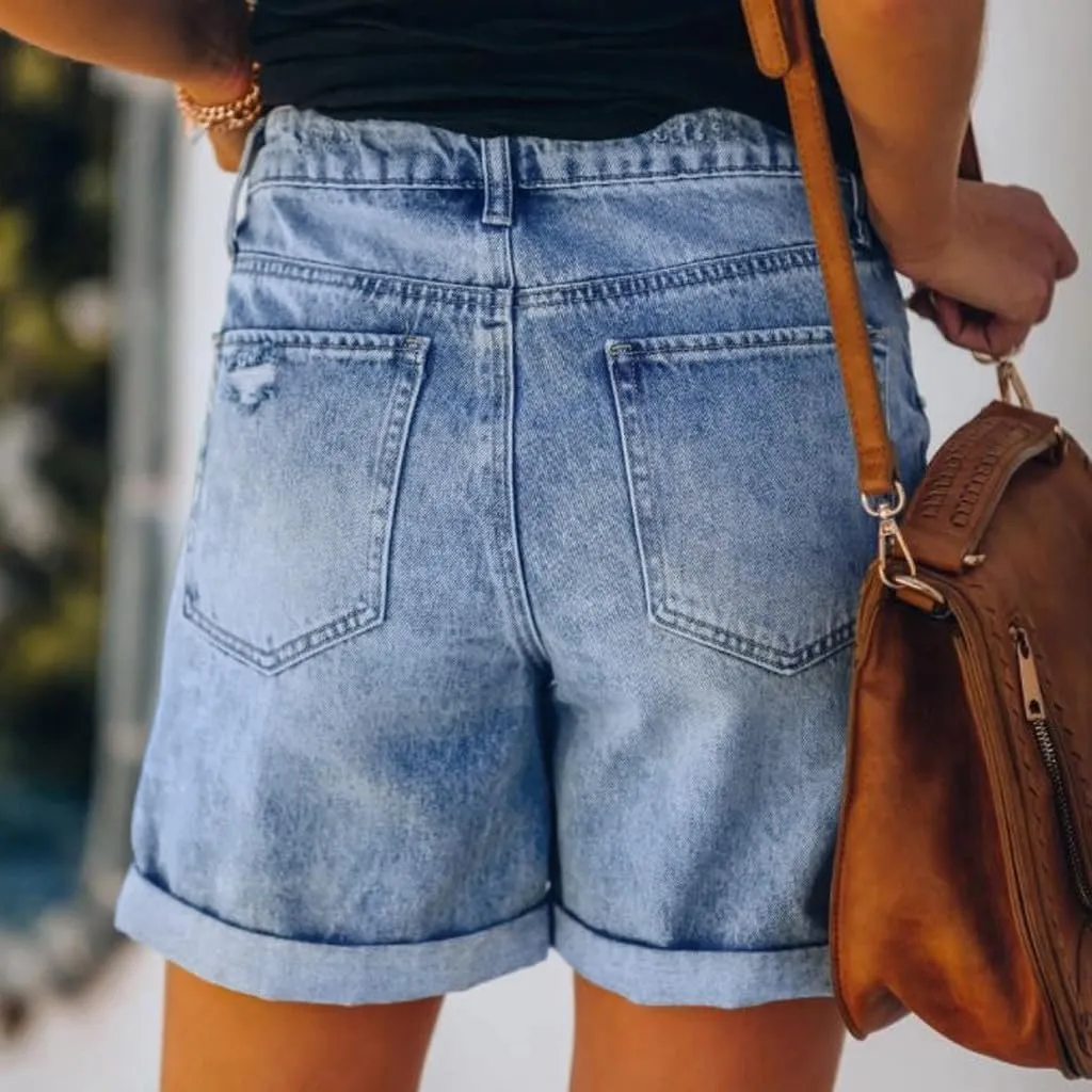Women's Blue High Waisted Straight Jeans with Scratch Design Casual Daily Wear Shorts for Women
