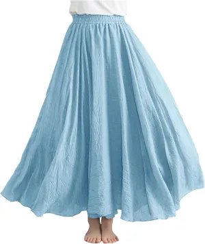 Women's Bohemian Style Linen Skirt Elastic High Waist Loose Casual Long Maxi Skirt Dress Summer Beach Boho Skirts