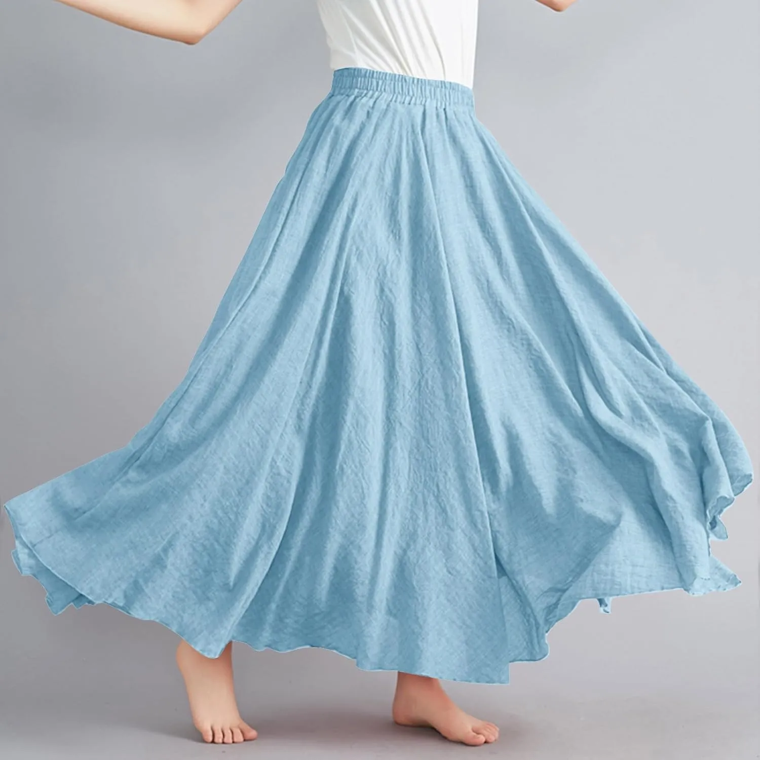 Women's Bohemian Style Linen Skirt Elastic High Waist Loose Casual Long Maxi Skirt Dress Summer Beach Boho Skirts
