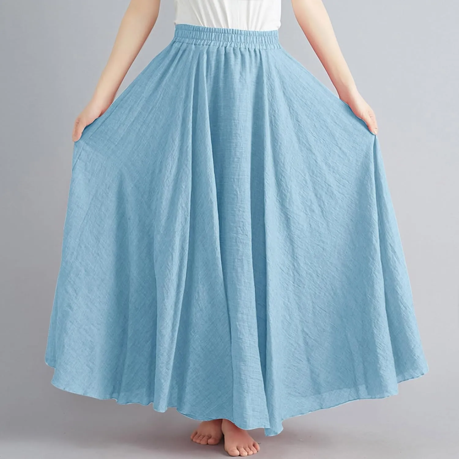 Women's Bohemian Style Linen Skirt Elastic High Waist Loose Casual Long Maxi Skirt Dress Summer Beach Boho Skirts