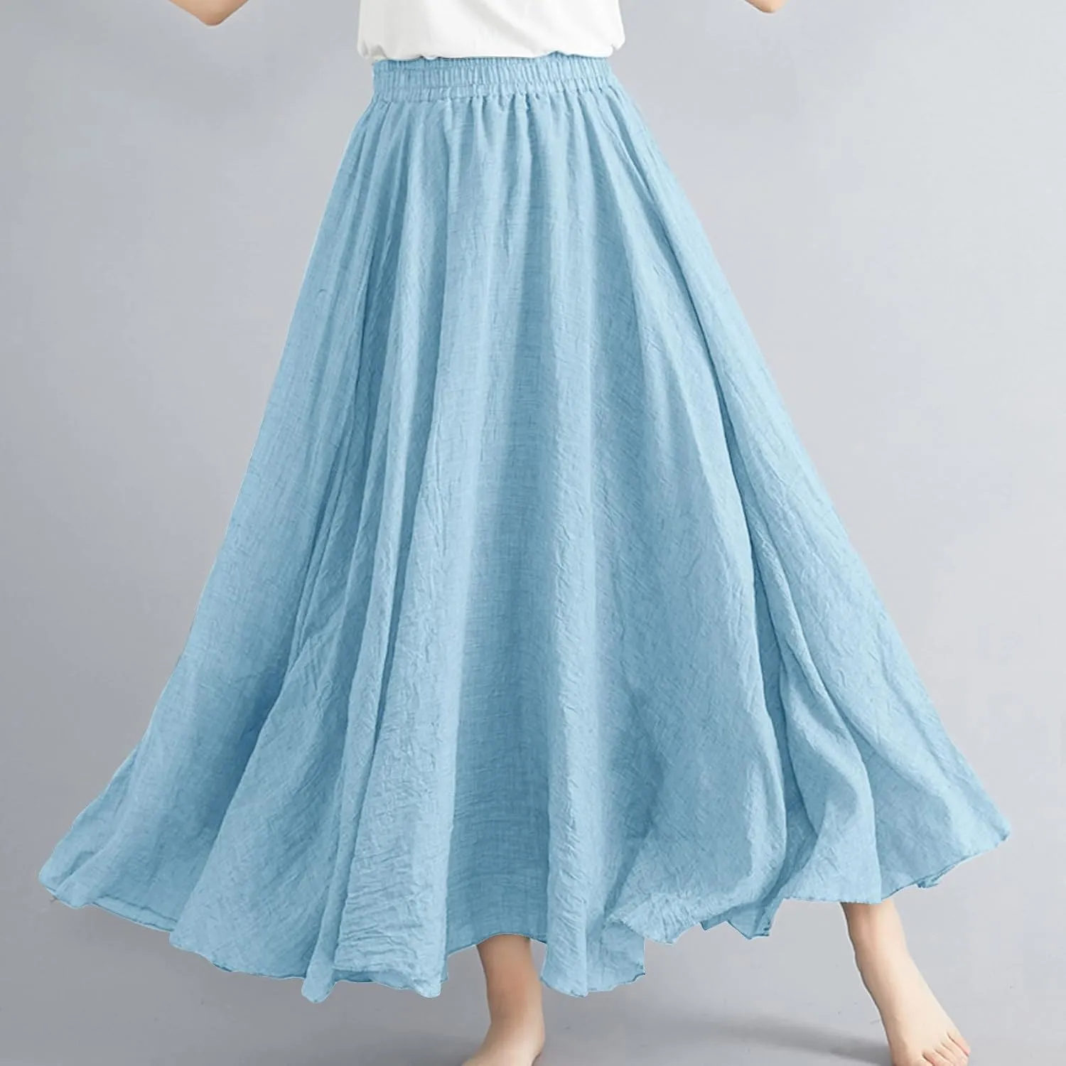 Women's Bohemian Style Linen Skirt Elastic High Waist Loose Casual Long Maxi Skirt Dress Summer Beach Boho Skirts