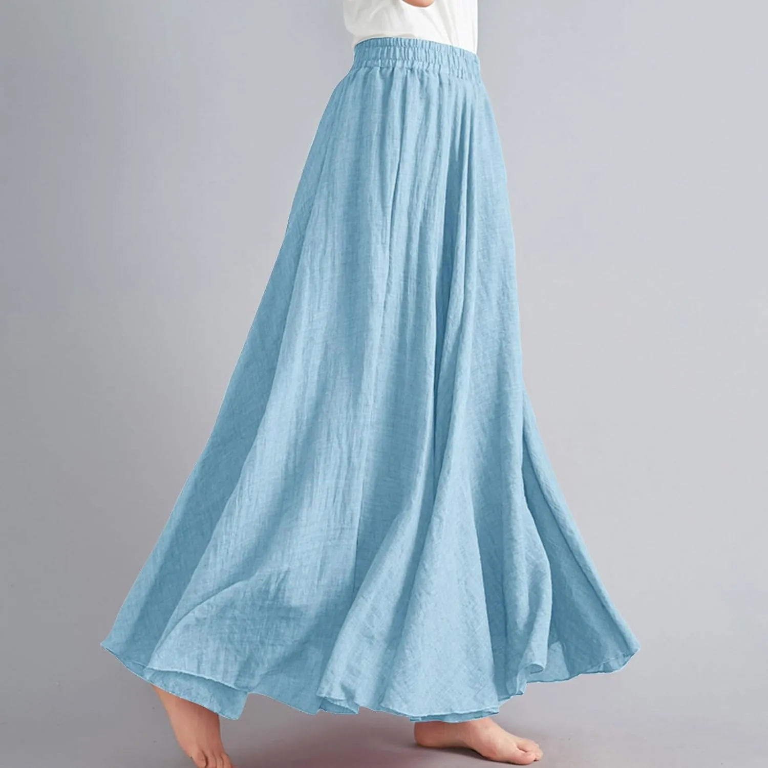 Women's Bohemian Style Linen Skirt Elastic High Waist Loose Casual Long Maxi Skirt Dress Summer Beach Boho Skirts