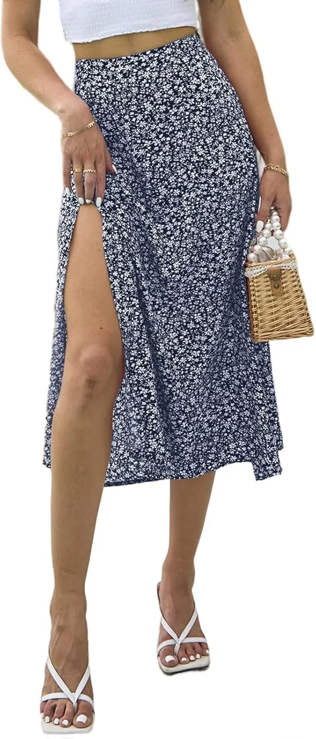 Womens Boho Floral Side Split Skirt Summer Casual High Waisted Midi Skirts 2025 Lightweight A Line Beach Skirt
