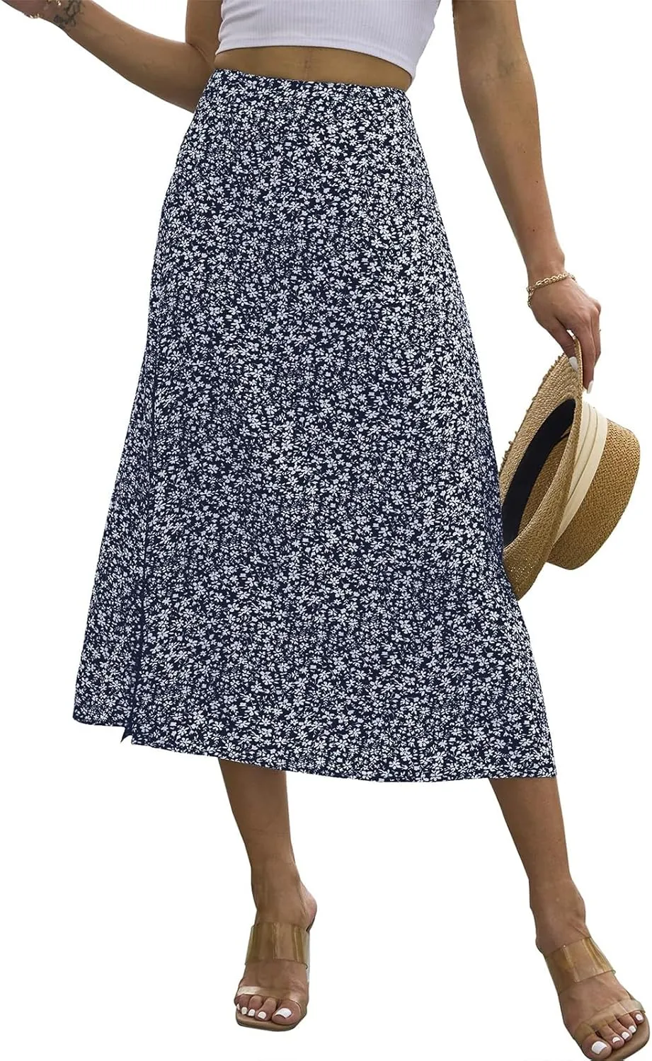 Womens Boho Floral Side Split Skirt Summer Casual High Waisted Midi Skirts 2025 Lightweight A Line Beach Skirt