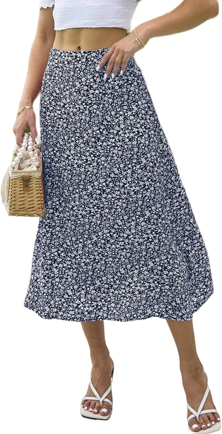 Womens Boho Floral Side Split Skirt Summer Casual High Waisted Midi Skirts 2025 Lightweight A Line Beach Skirt