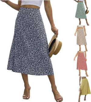 Womens Boho Floral Side Split Skirt Summer Casual High Waisted Midi Skirts 2025 Lightweight A Line Beach Skirt