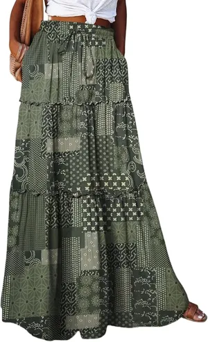 Womens Boho Maxi Skirt Tie Elastic High Waist Long Skirts Casual Summer Tiered Ruffle Trendy Print Skirt with Pockets
