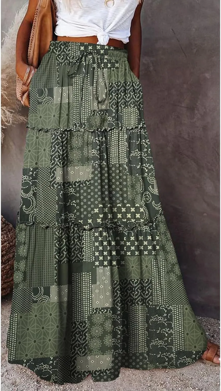 Womens Boho Maxi Skirt Tie Elastic High Waist Long Skirts Casual Summer Tiered Ruffle Trendy Print Skirt with Pockets