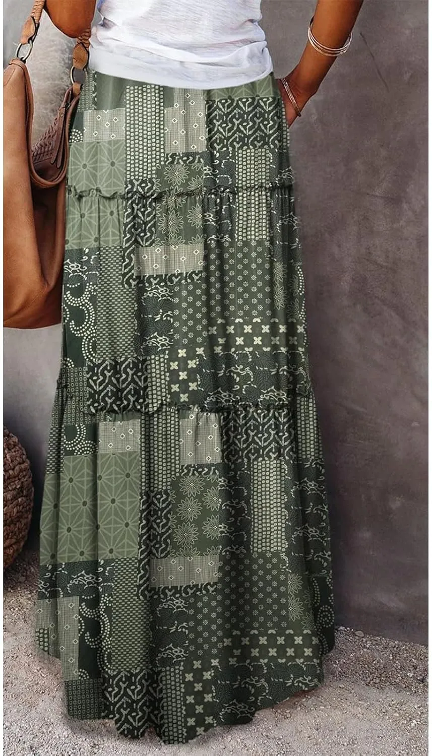 Womens Boho Maxi Skirt Tie Elastic High Waist Long Skirts Casual Summer Tiered Ruffle Trendy Print Skirt with Pockets