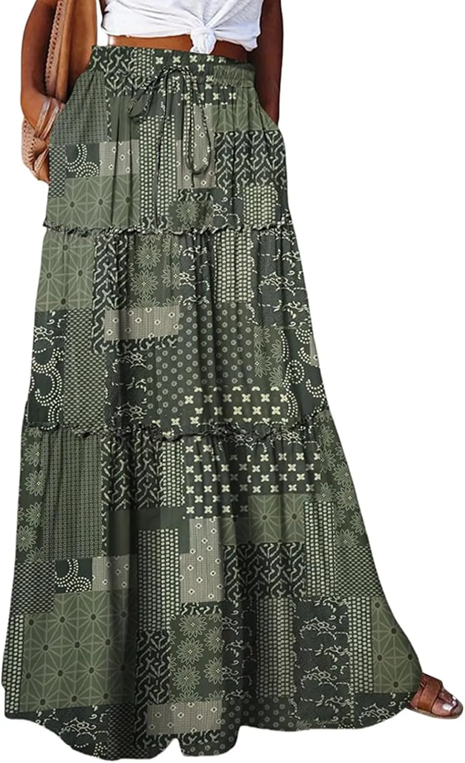Womens Boho Maxi Skirt Tie Elastic High Waist Long Skirts Casual Summer Tiered Ruffle Trendy Print Skirt with Pockets