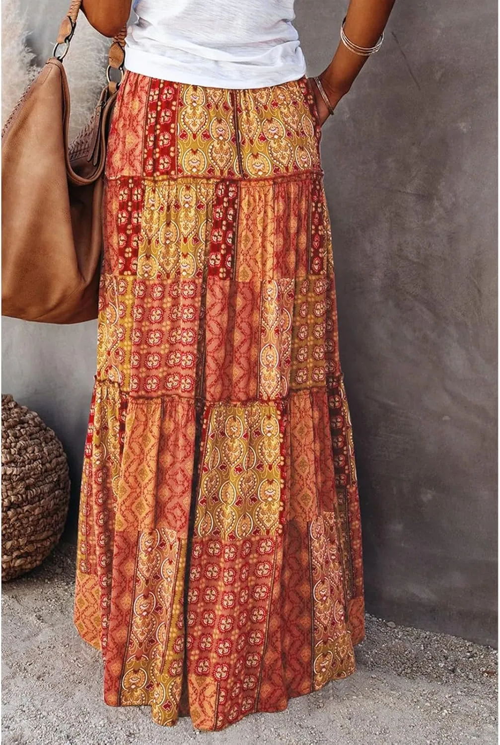 Women's Boho Maxi Skirts Floral Printed Summer Pleated Flowy A-Line Skirt High Waist Casual Long Skirts with Pockets