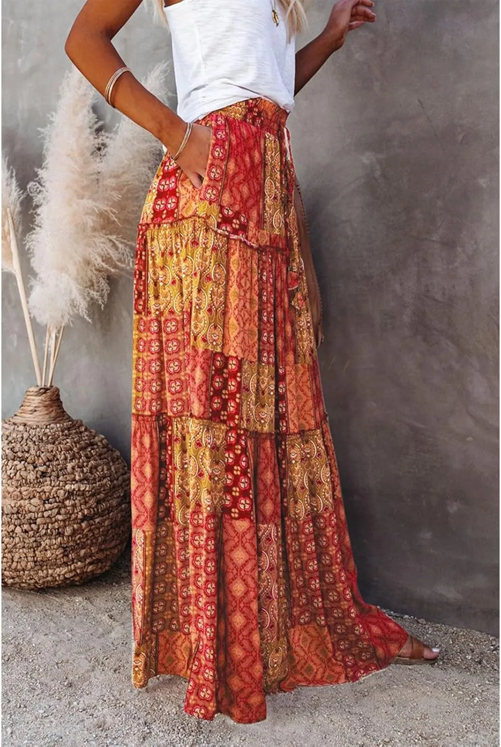 Women's Boho Maxi Skirts Floral Printed Summer Pleated Flowy A-Line Skirt High Waist Casual Long Skirts with Pockets
