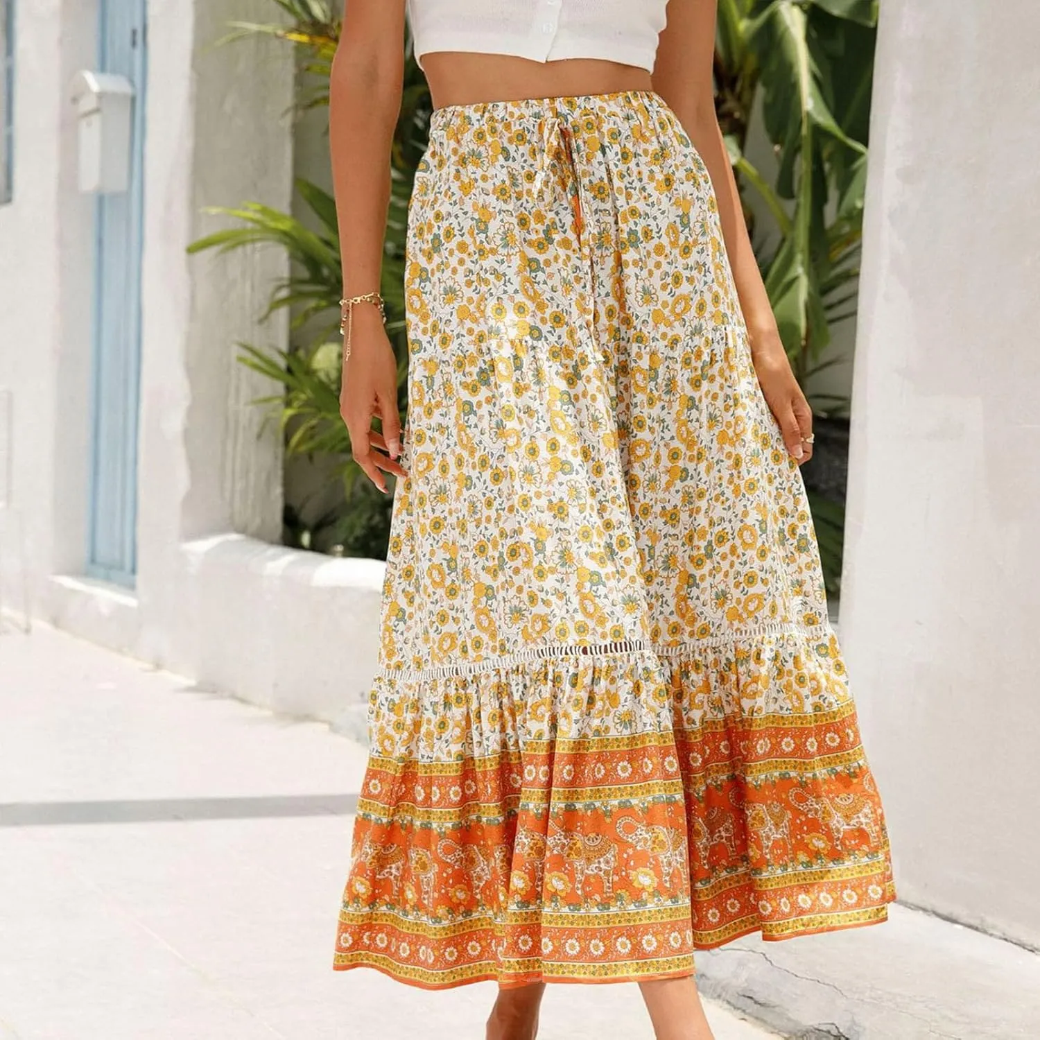 Womens Boho Maxi Skirts Vintage Elastic High Waist Floral Pleated A-Line Long Skirts Beach Vacation Clothes