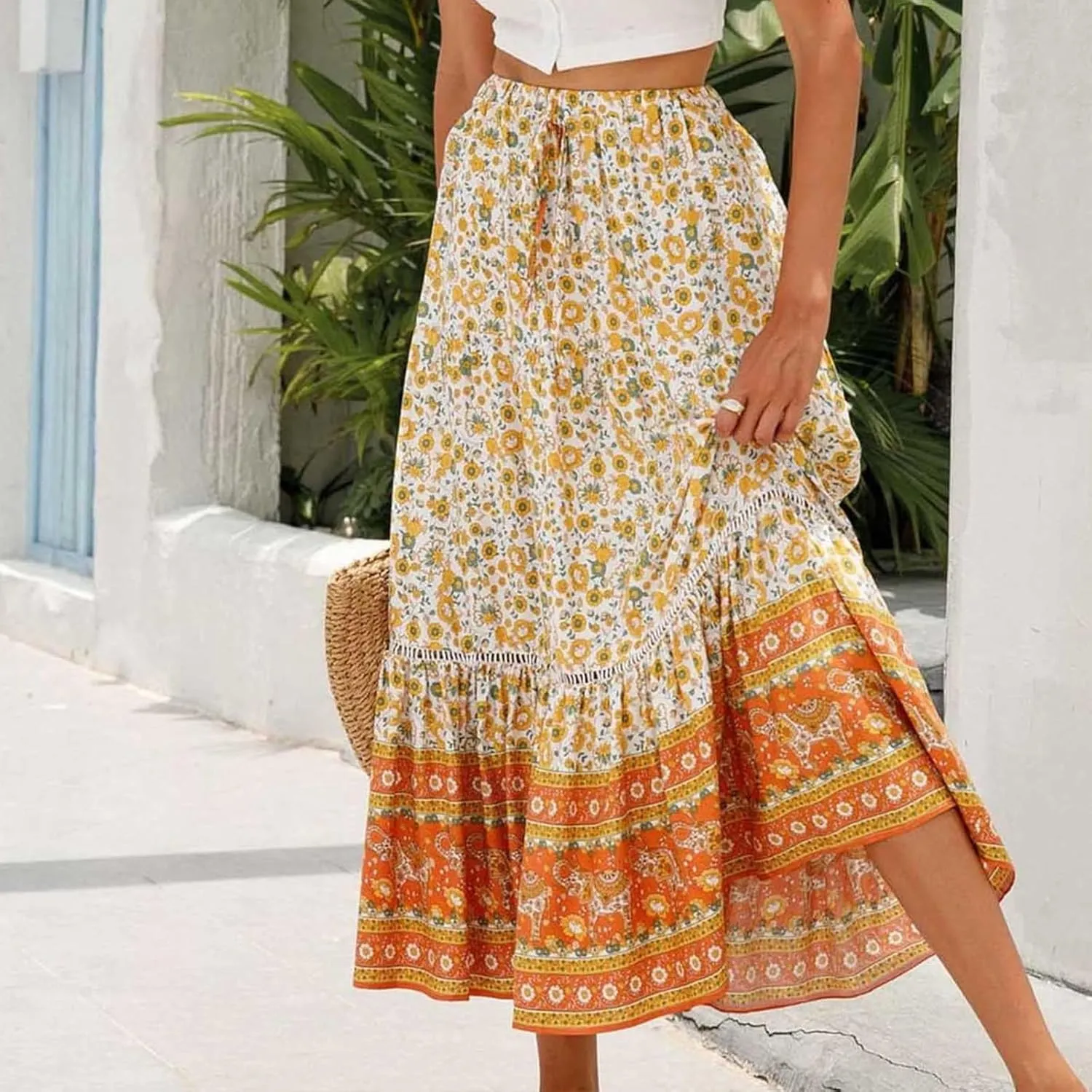 Womens Boho Maxi Skirts Vintage Elastic High Waist Floral Pleated A-Line Long Skirts Beach Vacation Clothes