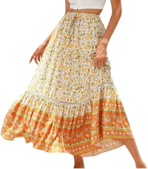 Womens Boho Maxi Skirts Vintage Elastic High Waist Floral Pleated A-Line Long Skirts Beach Vacation Clothes