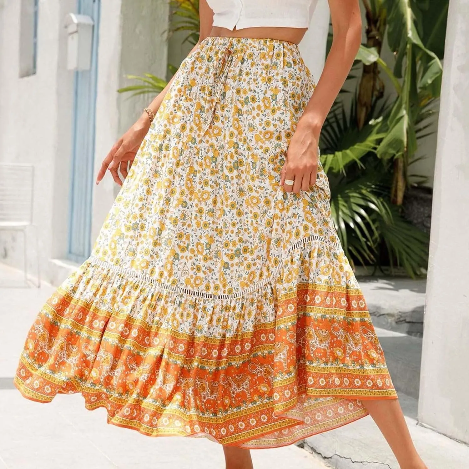 Womens Boho Maxi Skirts Vintage Elastic High Waist Floral Pleated A-Line Long Skirts Beach Vacation Clothes