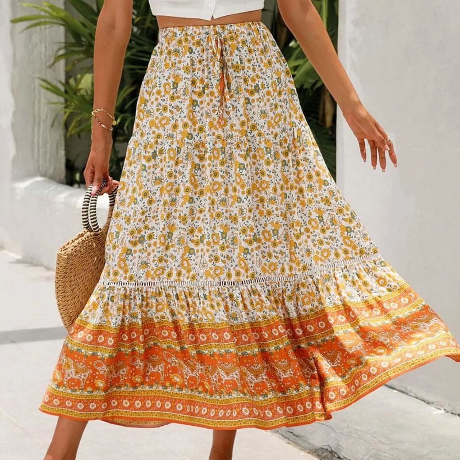 Womens Boho Maxi Skirts Vintage Elastic High Waist Floral Pleated A-Line Long Skirts Beach Vacation Clothes