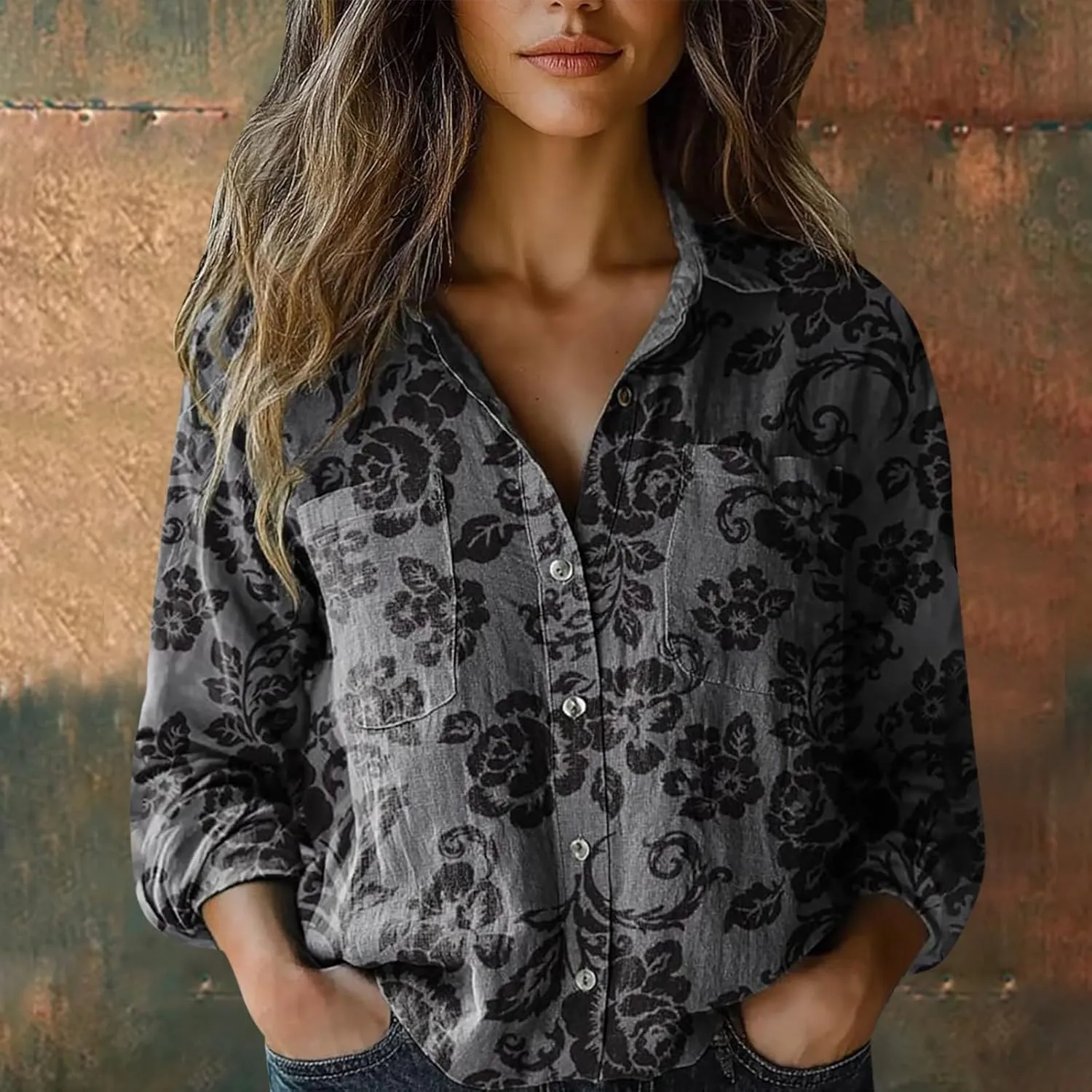 Womens Button V Neck Long Sleeve Shirts Oversized Blouses Tops Cotton Classic Collared Casual Lightweight Blouses
