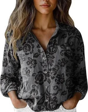 Womens Button V Neck Long Sleeve Shirts Oversized Blouses Tops Cotton Classic Collared Casual Lightweight Blouses