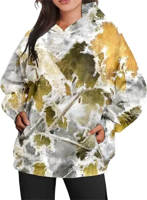 Womens Camo Hoodies Oversized Maple Leaf Print Sweatshirts Fleece Casual Long Sleeve Pullover Sweaters with Pockets