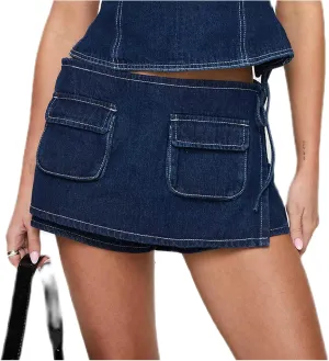 Women's Cargo Skort High Waisted Cargo Shorts Side Tie Bodycon Mini Y2K Denim Cargo Skirt Shorts with Pocket
