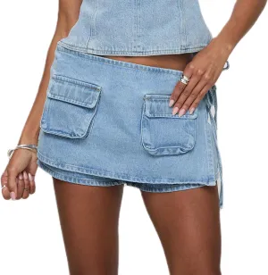 Women's Cargo Skort High Waisted Cargo Shorts Side Tie Bodycon Mini Y2K Denim Cargo Skirt Shorts with Pocket