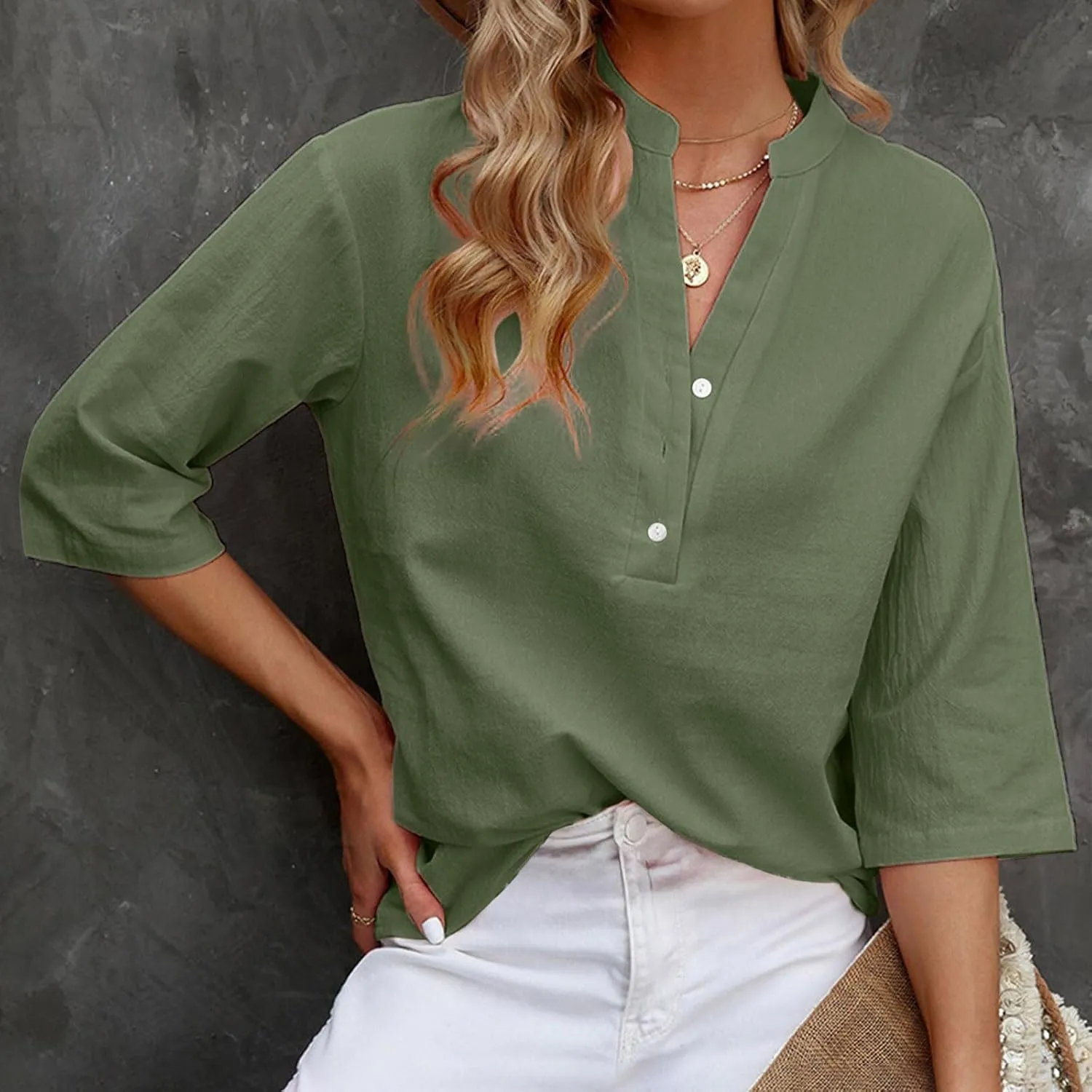 Women's Casual 3/4 Sleeve Henley V-Neck Button Up Cotton Linen Blouses Solid Color Summer Casual Blouse Tops T-Shirts