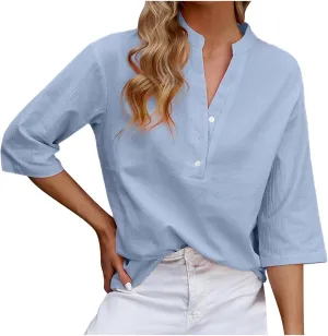 Women's Casual 3/4 Sleeve Henley V-Neck Button Up Cotton Linen Blouses Solid Color Summer Casual Blouse Tops T-Shirts