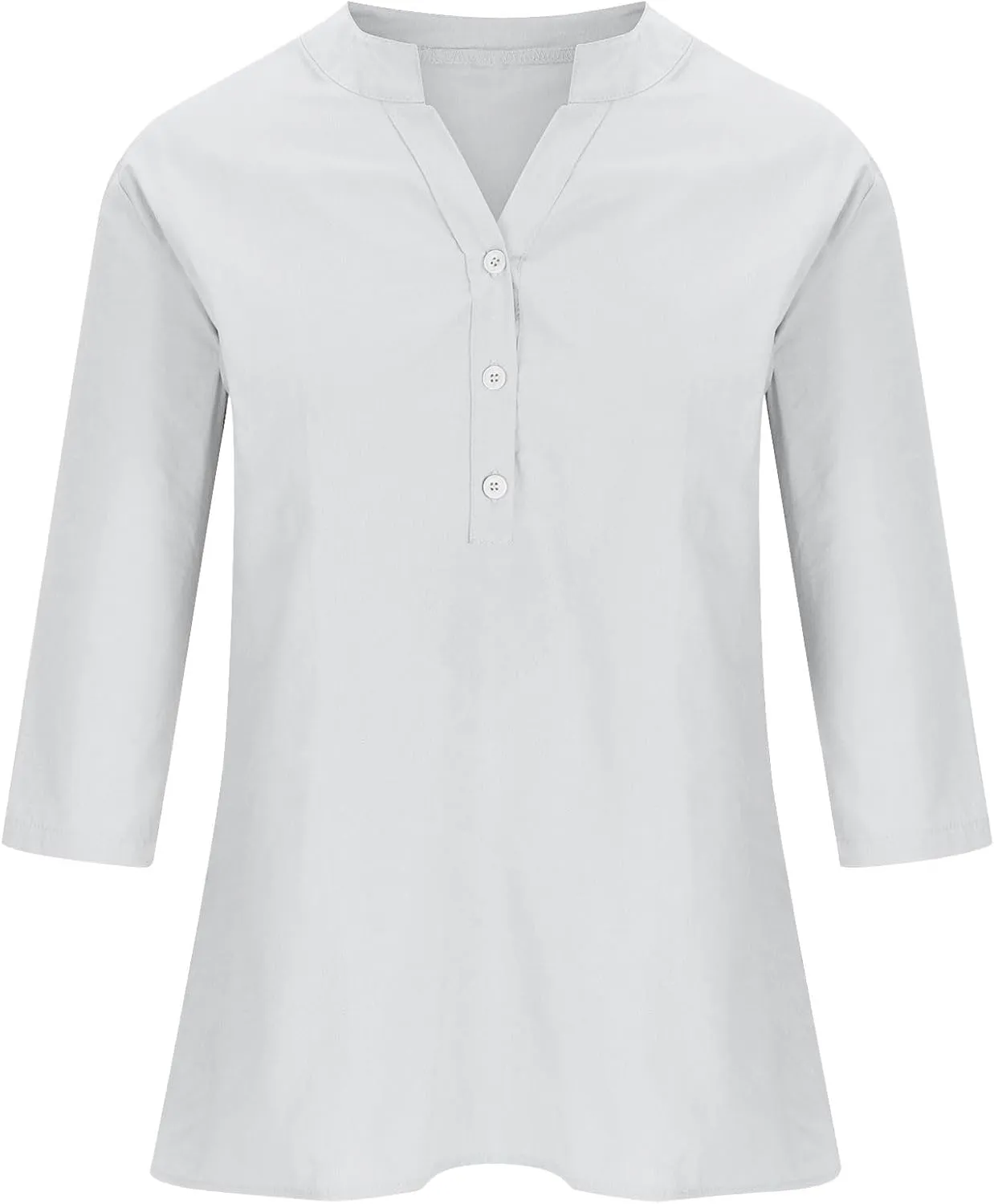 Women's Casual 3/4 Sleeve Henley V-Neck Button Up Cotton Linen Blouses Solid Color Summer Casual Blouse Tops T-Shirts
