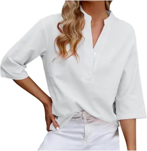 Women's Casual 3/4 Sleeve Henley V-Neck Button Up Cotton Linen Blouses Solid Color Summer Casual Blouse Tops T-Shirts