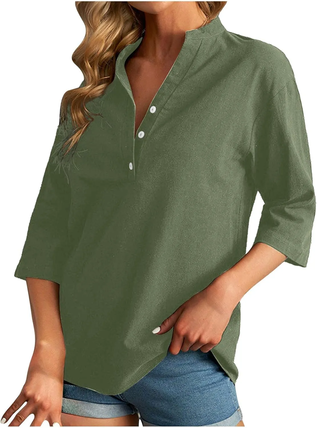 Women's Casual 3/4 Sleeve Henley V-Neck Button Up Cotton Linen Blouses Solid Color Summer Casual Blouse Tops T-Shirts