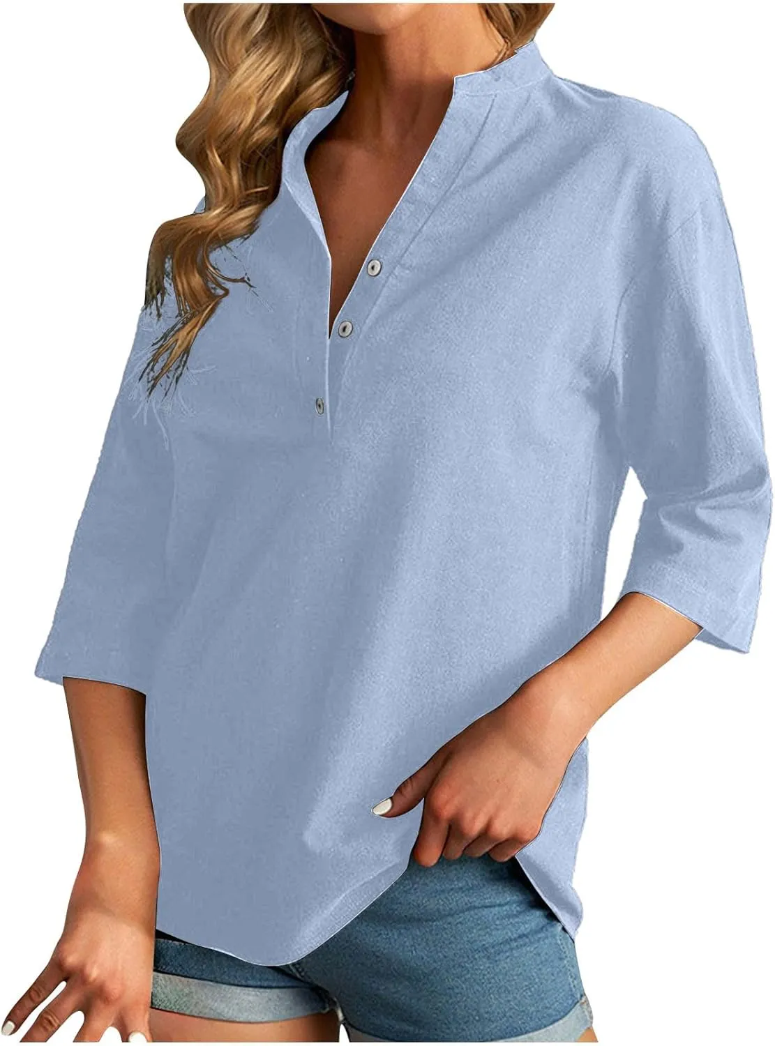 Women's Casual 3/4 Sleeve Henley V-Neck Button Up Cotton Linen Blouses Solid Color Summer Casual Blouse Tops T-Shirts