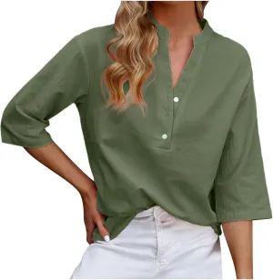 Women's Casual 3/4 Sleeve Henley V-Neck Button Up Cotton Linen Blouses Solid Color Summer Casual Blouse Tops T-Shirts