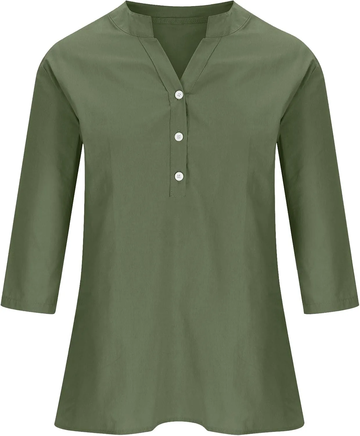 Women's Casual 3/4 Sleeve Henley V-Neck Button Up Cotton Linen Blouses Solid Color Summer Casual Blouse Tops T-Shirts