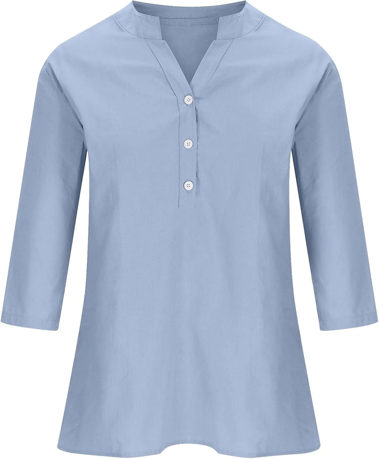 Women's Casual 3/4 Sleeve Henley V-Neck Button Up Cotton Linen Blouses Solid Color Summer Casual Blouse Tops T-Shirts