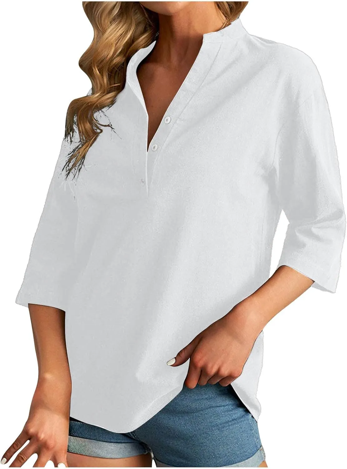 Women's Casual 3/4 Sleeve Henley V-Neck Button Up Cotton Linen Blouses Solid Color Summer Casual Blouse Tops T-Shirts