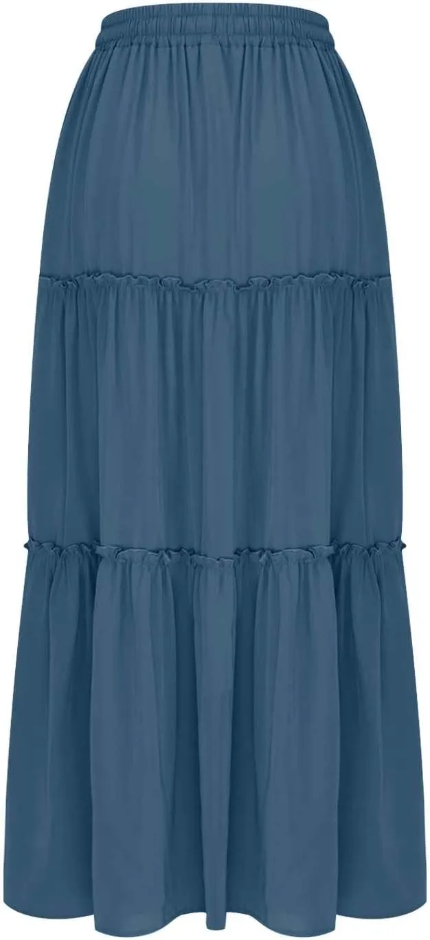 Womens Casual Boho Maxi Skirt Trendy Pleated Ruffle Flowy Skirt Drawstring Elastic High Waisted Summer A-Line Skirts