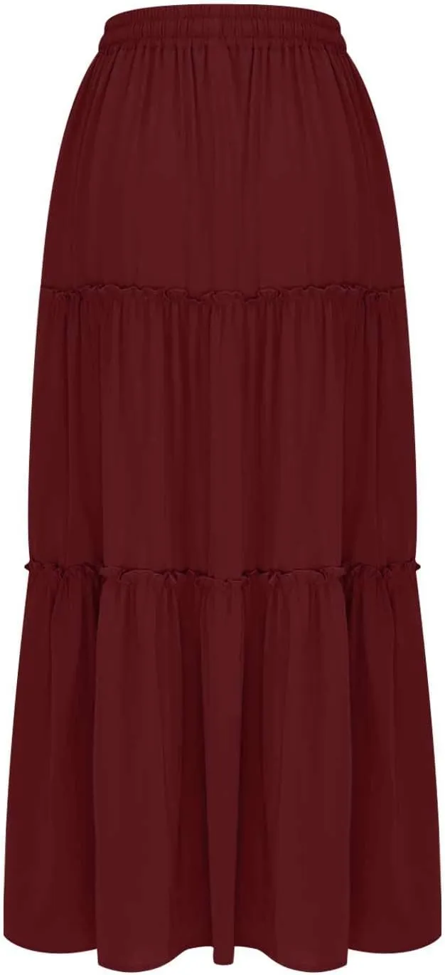 Womens Casual Boho Maxi Skirt Trendy Pleated Ruffle Flowy Skirt Drawstring Elastic High Waisted Summer A-Line Skirts