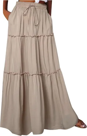 Womens Casual Boho Maxi Skirt Trendy Pleated Ruffle Flowy Skirt Drawstring Elastic High Waisted Summer A-Line Skirts