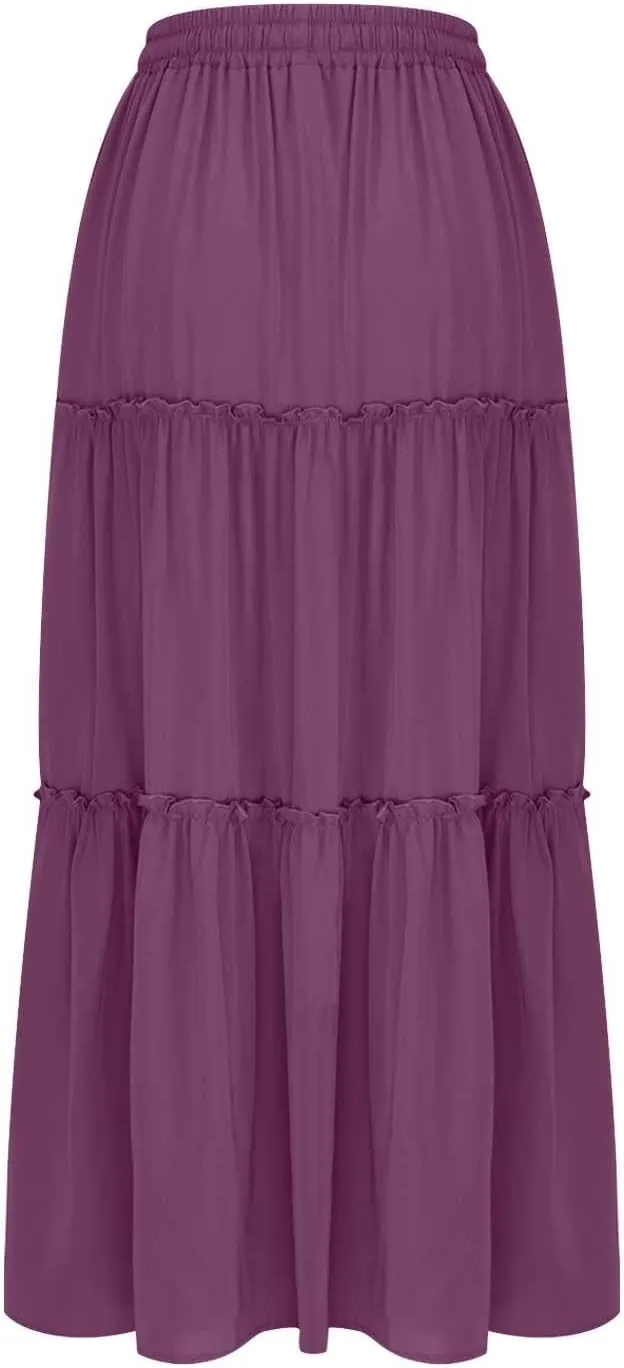 Womens Casual Boho Maxi Skirt Trendy Pleated Ruffle Flowy Skirt Drawstring Elastic High Waisted Summer A-Line Skirts