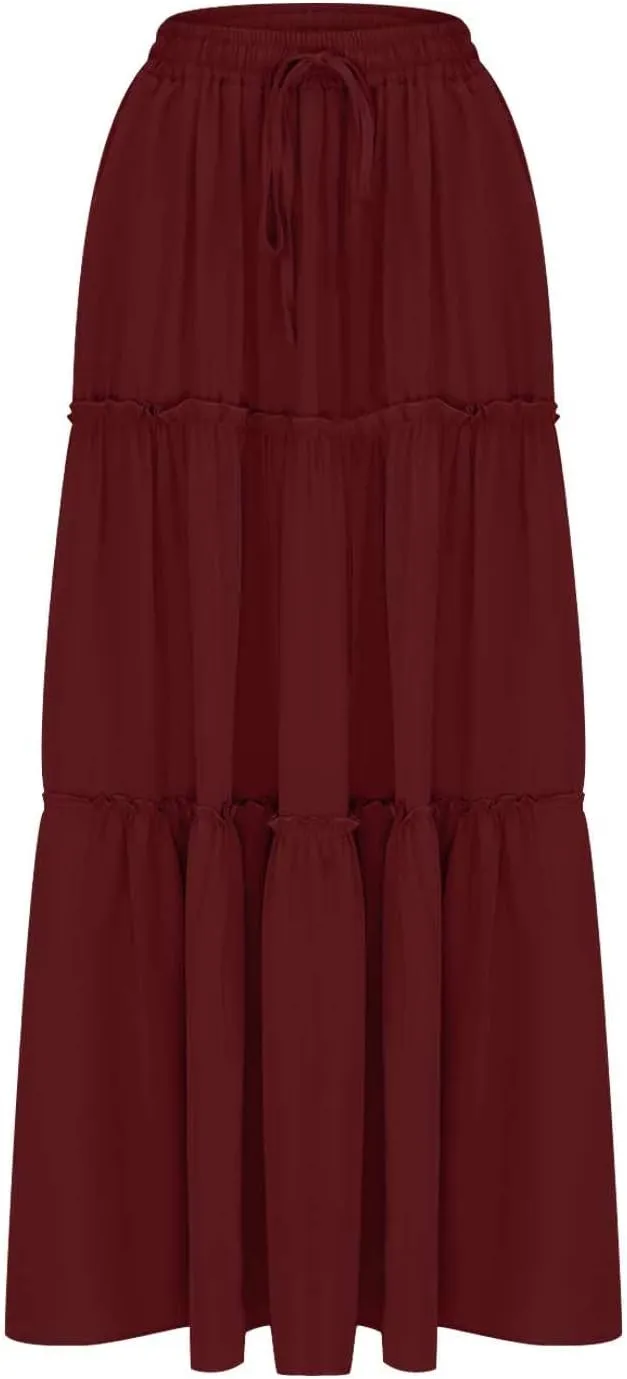 Womens Casual Boho Maxi Skirt Trendy Pleated Ruffle Flowy Skirt Drawstring Elastic High Waisted Summer A-Line Skirts