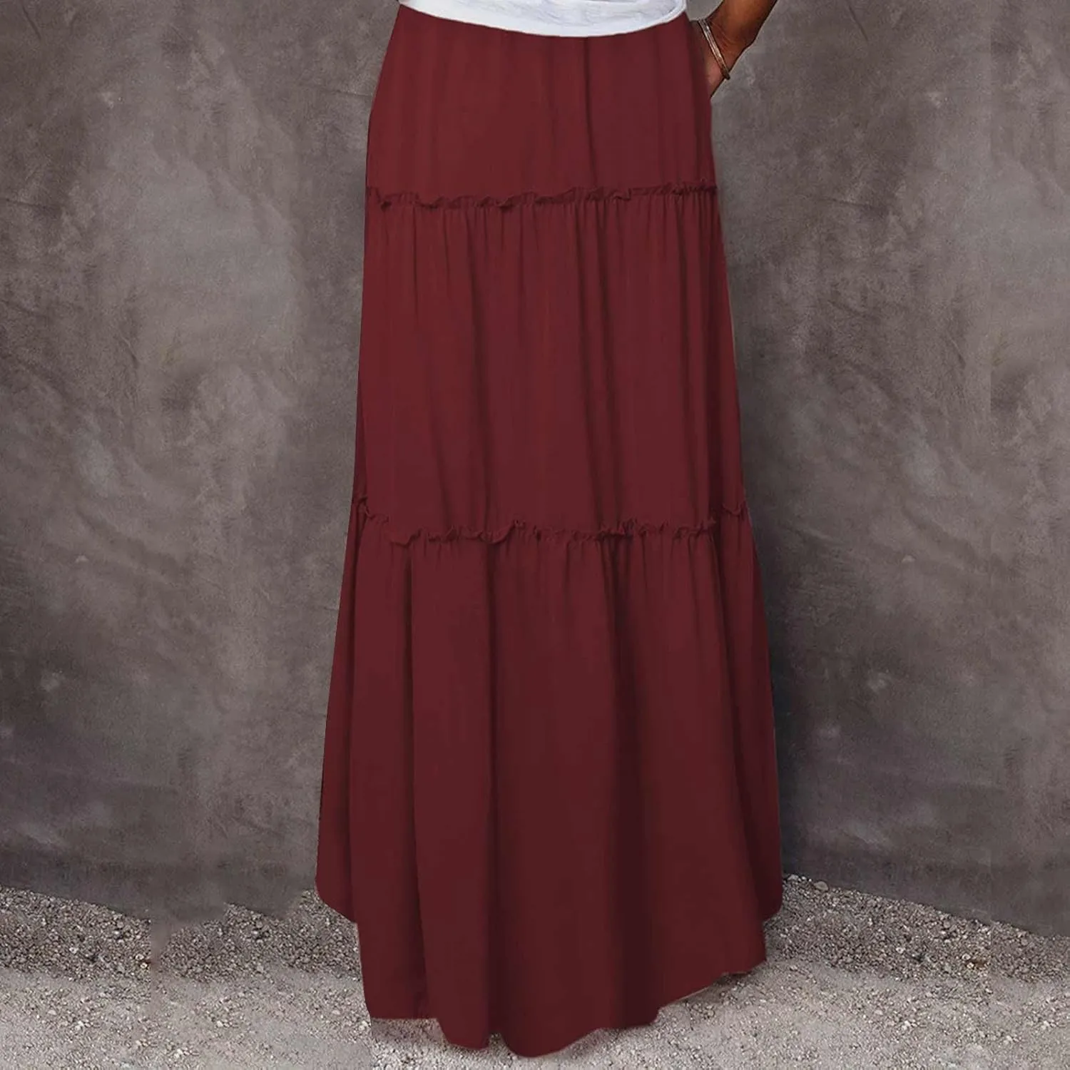 Womens Casual Boho Maxi Skirt Trendy Pleated Ruffle Flowy Skirt Drawstring Elastic High Waisted Summer A-Line Skirts