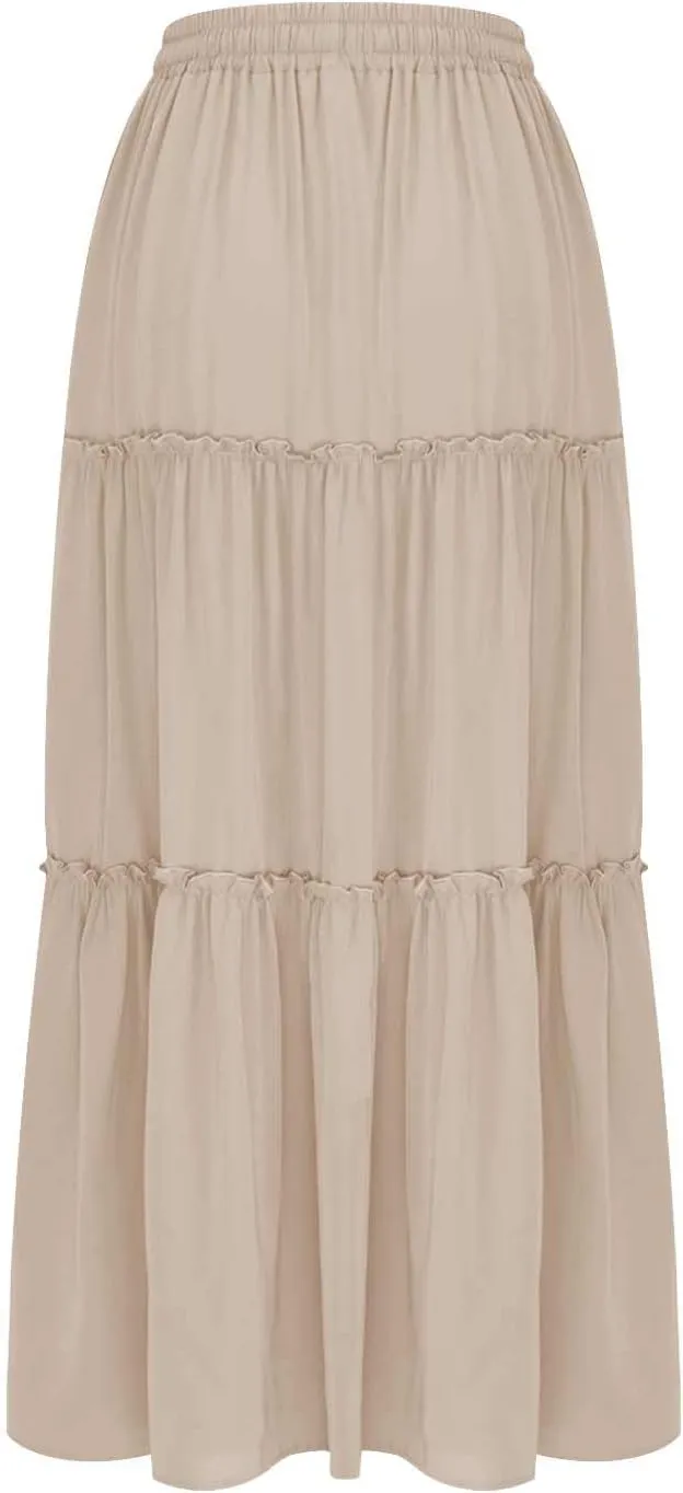 Womens Casual Boho Maxi Skirt Trendy Pleated Ruffle Flowy Skirt Drawstring Elastic High Waisted Summer A-Line Skirts