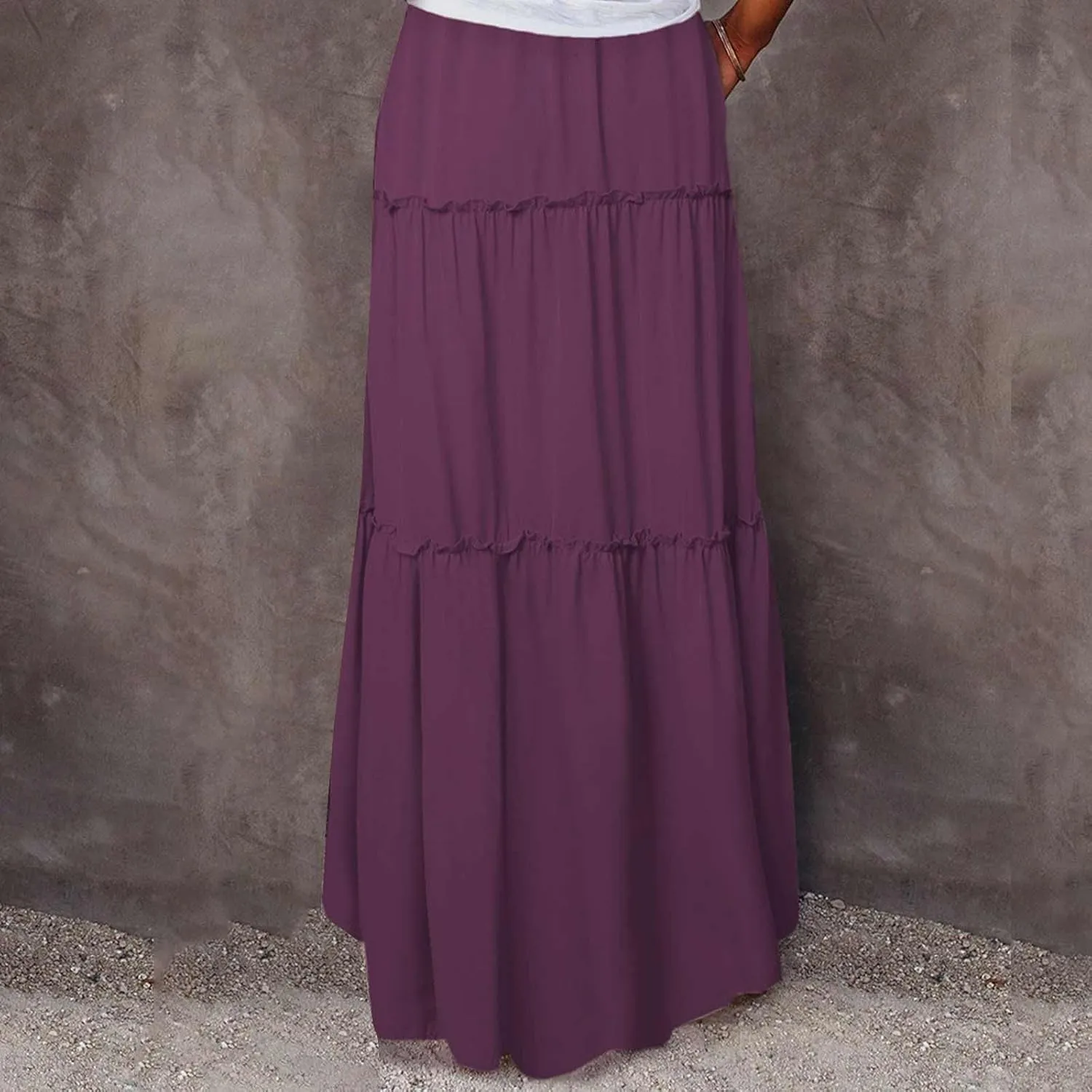Womens Casual Boho Maxi Skirt Trendy Pleated Ruffle Flowy Skirt Drawstring Elastic High Waisted Summer A-Line Skirts