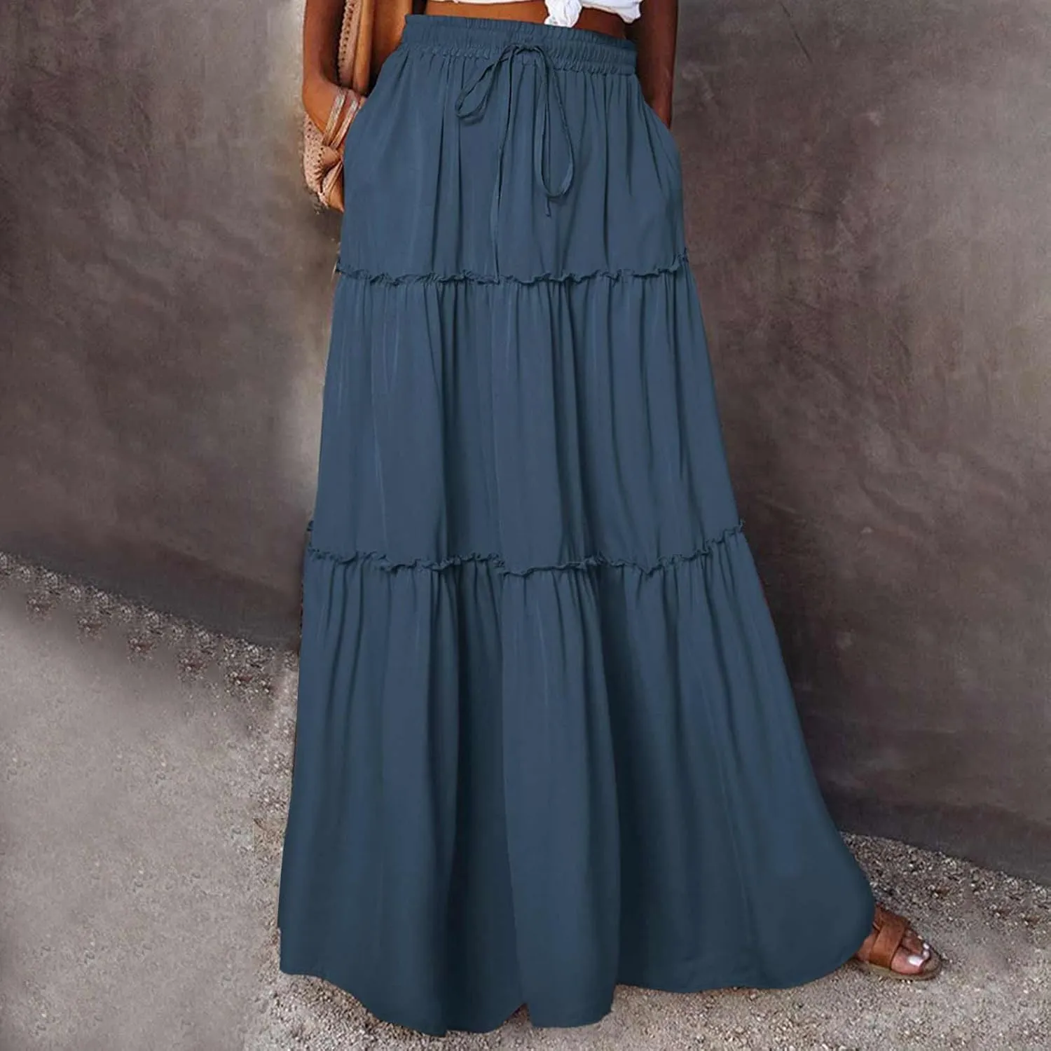 Womens Casual Boho Maxi Skirt Trendy Pleated Ruffle Flowy Skirt Drawstring Elastic High Waisted Summer A-Line Skirts
