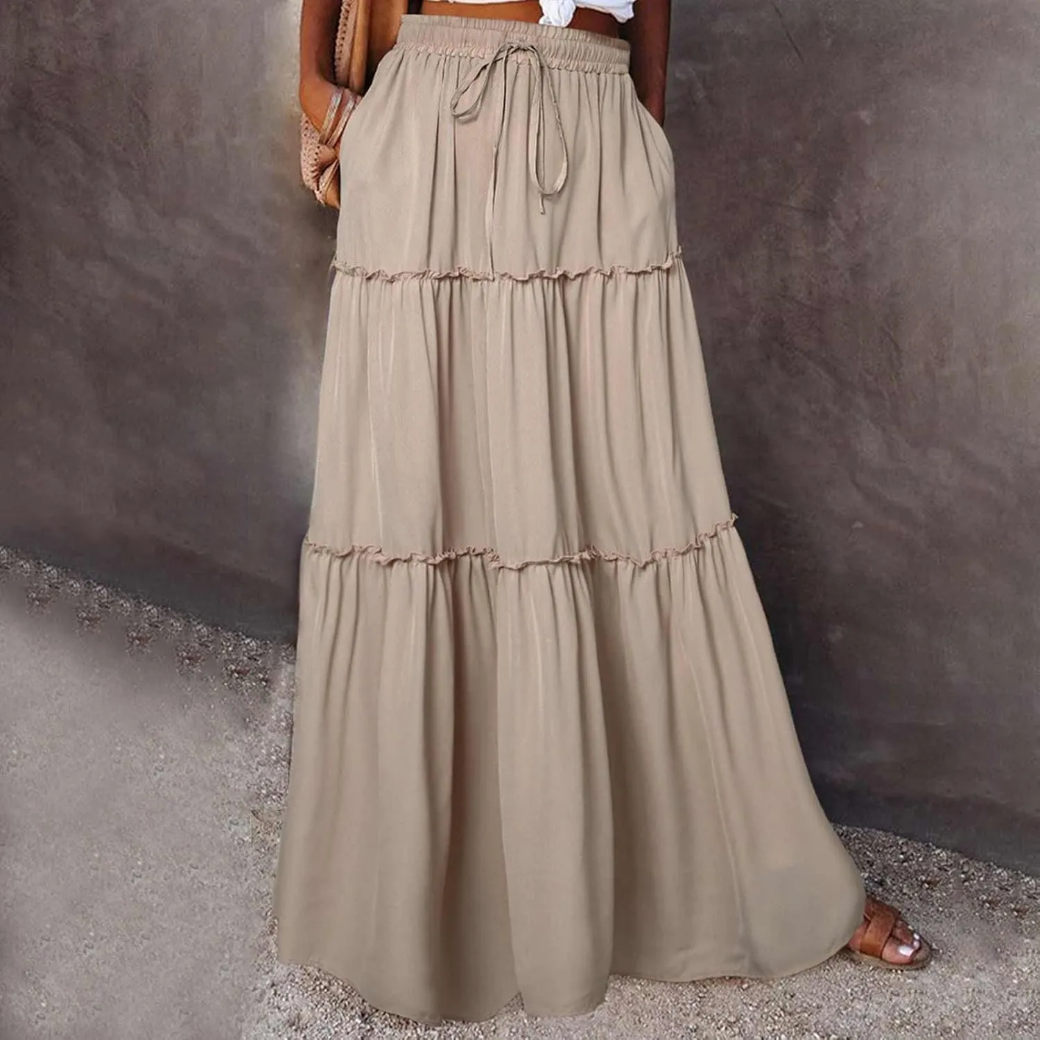Womens Casual Boho Maxi Skirt Trendy Pleated Ruffle Flowy Skirt Drawstring Elastic High Waisted Summer A-Line Skirts