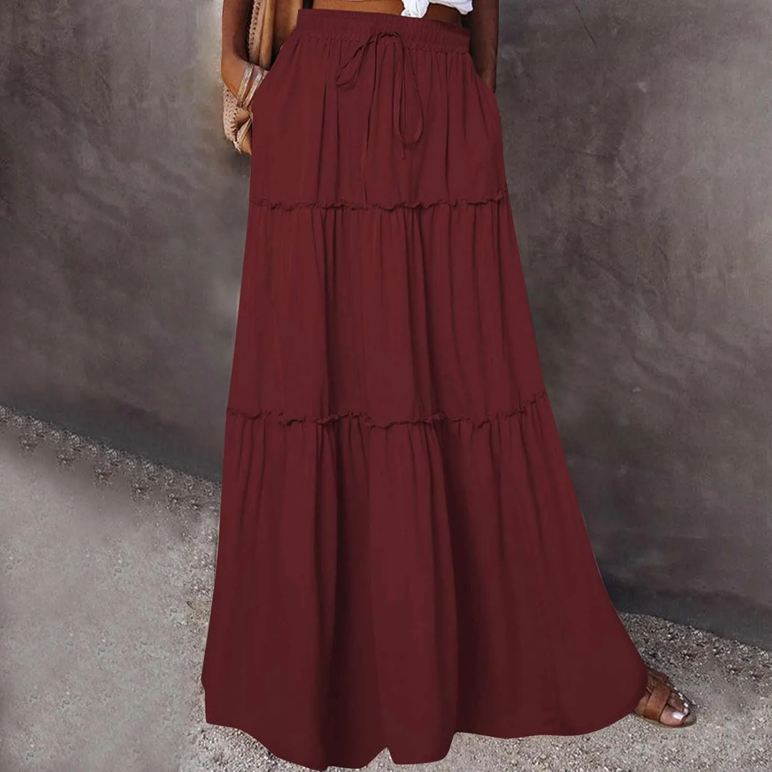 Womens Casual Boho Maxi Skirt Trendy Pleated Ruffle Flowy Skirt Drawstring Elastic High Waisted Summer A-Line Skirts