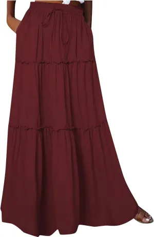 Womens Casual Boho Maxi Skirt Trendy Pleated Ruffle Flowy Skirt Drawstring Elastic High Waisted Summer A-Line Skirts